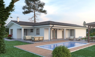Maison avec garage double et terrasse spacieuse.